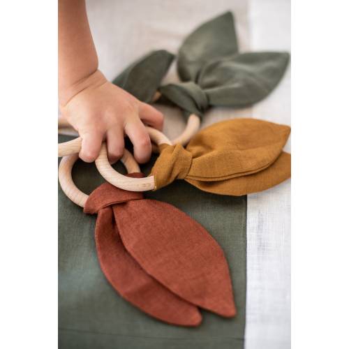 Natural wooden teether, organic linen fabric teething ring, natural baby teething toy, baby shower gift, new baby gift