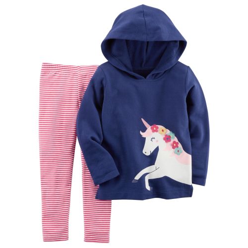 Carter's Baby Girls 2-Piece Unicorn Fleece Hoodie Legging Set In Navy Red Stripe, 6M