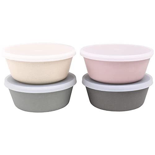 WeeSprout Bamboo Kids Bowls with Lids, Set of Four 10 oz kid-Sized Bamboo Bowls, Bamboo Kid Bowls with Lids for Leftovers, Dishwasher Safe (Pink, Green, Gray, & Beige)