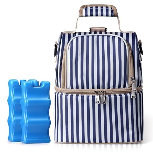 NCVI Breastmilk Bag with 2 Ice Pack, Keep Food Warm/Cold (Stripe) | Double Layer ,Fits 6 Bottles, Detachable & Large Capacity, Adjustable Strap,for Travel/Nursing Mom Daycare/Work/Picnic