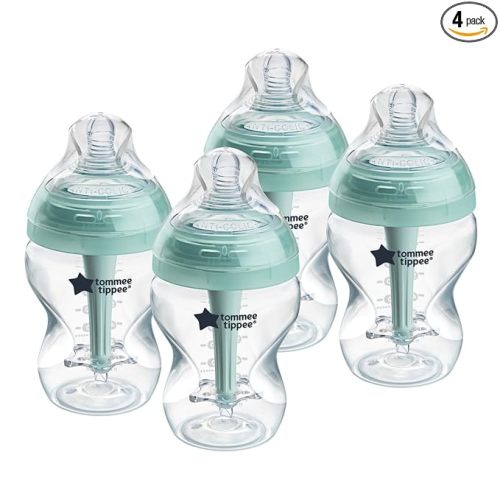 Tommee Tippee Advanced Anti-Colic 9 Oz BPA Free Baby Bottles, Newborn 0+ Months, Slow Flow Breast-Like Nipple, Unique Design Keeps Air Away from Milk and Baby, Clear, Pack of 4