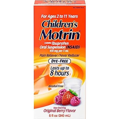 Motrin Children's Oral Suspension 100mg Ibuprofen Medicine, NSAID Fever Reducer & Pain Reliever for Minor Aches & Pains Due to Cold & Flu, Dye Free, Alcohol-Free, Berry Flavored, 8 fl. oz