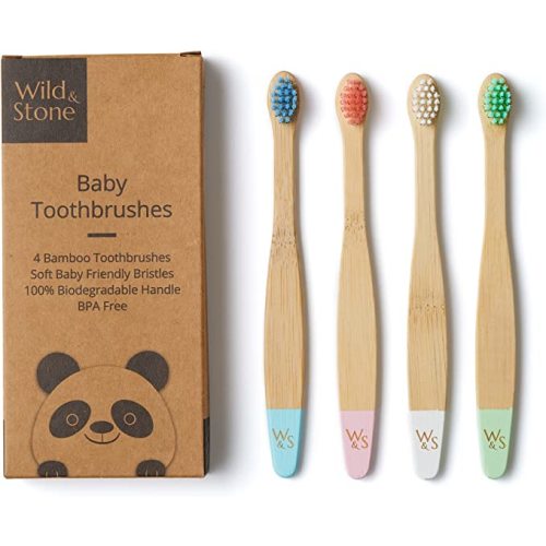 Wild & Stone Organic Baby Bamboo Toothbrushes | 4 Pack | Soft Bristles | 100% Compostable Handle | BPA Free | Vegan Baby Toothbrushes (Multicolour)