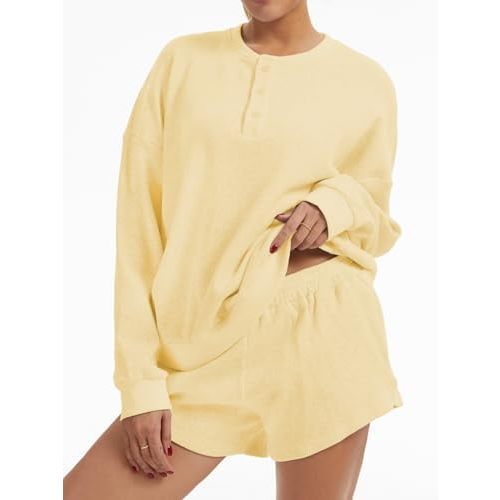 AnotherChill Women's Oversized Waffle Knit Lounge Set Long Sleeve Sweatshirt and High Waisted Shorts 2 Piece Casual Outfit