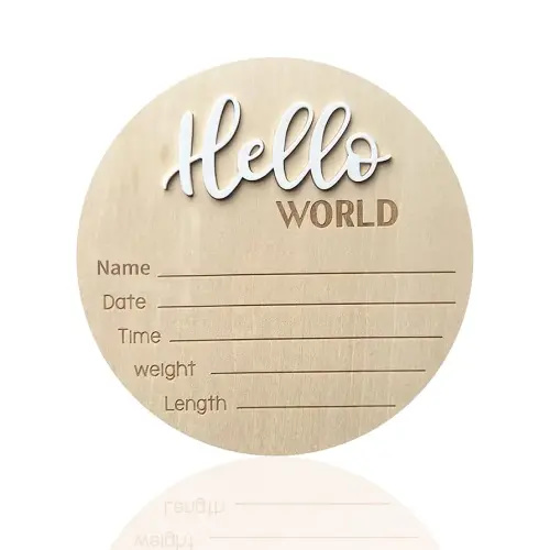 Baby Announcement Sign, ​5.9 Inch Wooden Hello World Newborn Signs, Birth Announcement Sign, Baby Shower Hospital Nursery for Newborn Boys and Girls (White)