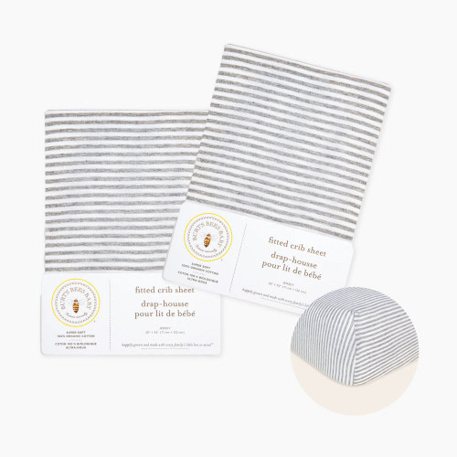 Burt's Bees Baby Organic Cotton Jersey Fitted Crib Sheet 2-Pack Bundle - Heather Grey Stripe, 2
