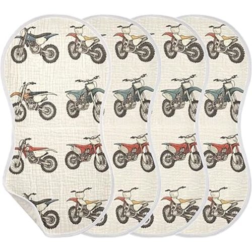 Vintage Dirt Bikes Burp Cloths Baby Boys Girls Absorbent Soft Cotton Burping Cloths Rags, 4 Pack
