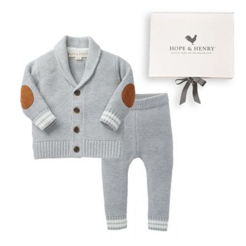Hope & Henry Baby Organic Shawl Collar Cardigan and Sweater Legging Gift Box Set, Gray Heather Set, 0-3 Months