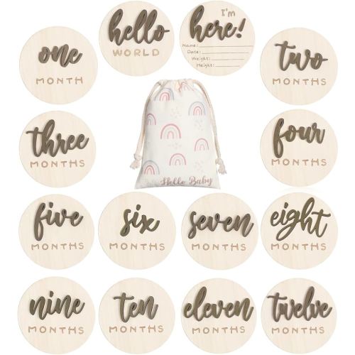 3D Baby Milestone Wooden Circles Hello World Newborn Sign 7 Pack Double Sided Monthly Milestone Cards Sign Baby Announcement Sign for Newborn Shower Photo Props(Brown)