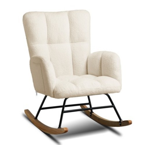 COMHOMA Modern Nursery Rocking Chair, Teddy Upholstered Glider Accent Chair with Side Pockets, High Backrest, Beige