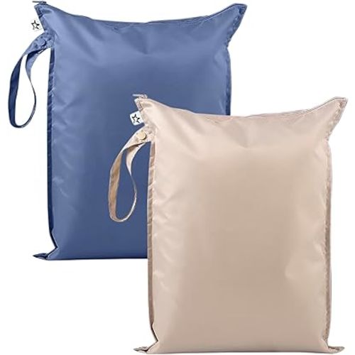 Tiny Twinkle Mess-Proof Waterproof Wet Dry Bag | 2-Pack Reusable Wet Bags for Swimsuits & Baby Clothes | Leakproof Wet Bag for Travel & Diaper Changes for Baby (Periwinkle, Pebble)
