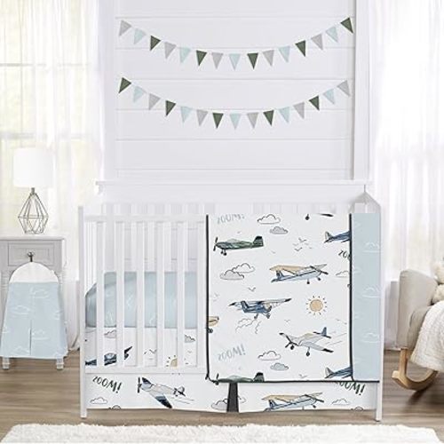 Sweet Jojo Designs 4-Piece Baby Crib Bedding Set (Vintage Airplane) for Boys, Infants/Nursery incl. Blanket, Fitted Sheet, Skirt, Diaper Stacker (Blue, Green, Grey, Airplanes, Transportation, Clouds)