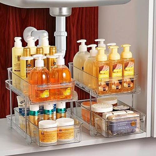 2-Tier Clear Pull-Out Drawer Organizer - Sleek, Compact & Sturdy Makeup and Closet Organizer - Easy Assembly Kitchen Storage Solution, Ideal for Makeup, Tools, Medication & Snacks (2-PACK)