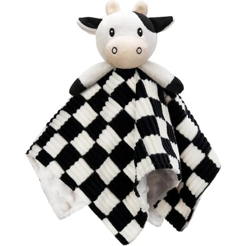 Baby Lovey Blanket for Boys Girls Super Soft Checkerboard Gingham with Minky Dot Fabric Backing Cow Stuffed Animal Lovely Black 14 Inch