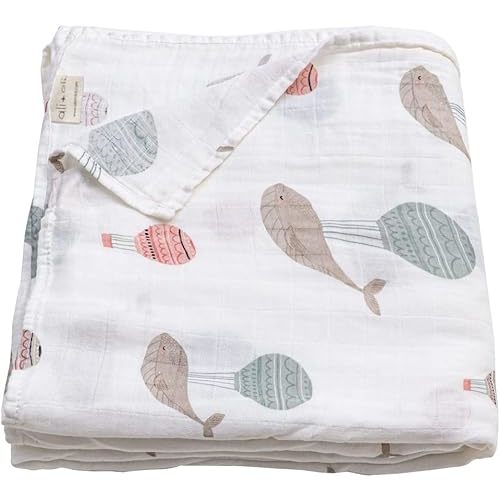 Ali+Oli Manta de muselina para bebé (ballenas) grande de 47 x 47 pulgadas, rayón suave, hecha de bambú y algodón orgánico, lavable a máquina, para recién nacidos y niños pequeños