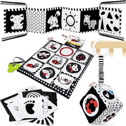 Baby Toys 0-6 Months, Notique 19 Pcs Newborn Black and White Baby Toys Montessori Tummy Time Toys 0 3 6 9 Months, Sensory Soft Book for Babies, Educational Cards Baby Essentials Infant Toys Baby Gifts