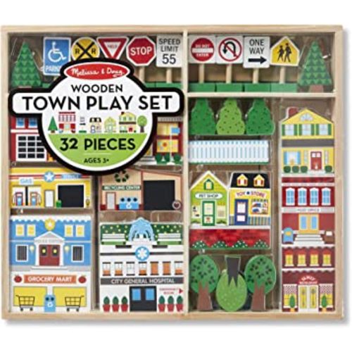 Melissa & Doug Wooden Town Play Set With Storage Tray (32 pcs)