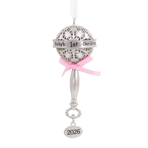 Hallmark Ornament (Baby First Cmas Rattle Pink Ribbon 2026, Metal), 1 Count