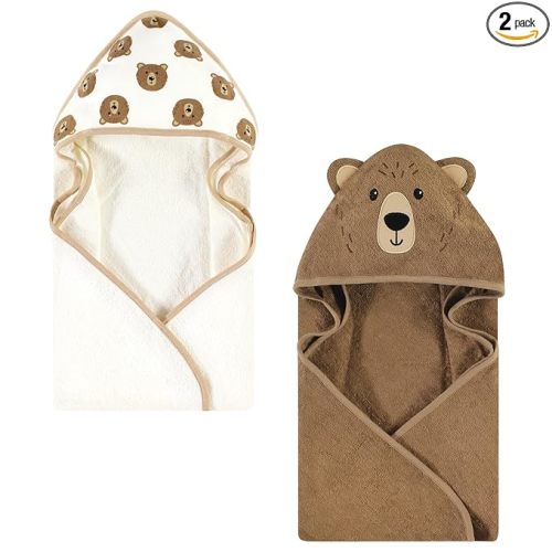 Hudson Baby Unisex Baby Cotton Animal Face Hooded Towel, Brown Bear 2-Pack, One Size