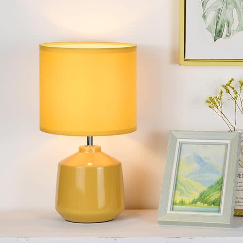 Lampwell Lena Small Modern Yellow Table Lamp,7.09H12.99IN,Fabric Shade, Ceramic Base, Touch Control, Indoor Use Only