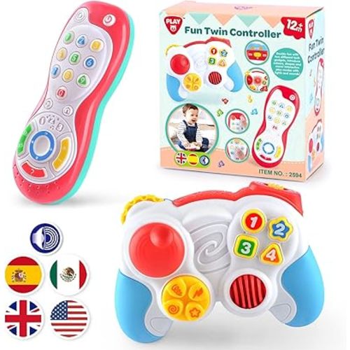 PLAY Baby Controller Toy - Bilingual Spanish & English Learning Toys, Pretend Video Game Controller & TV Remote Combo with Music and Light, Christmas Birthday Gift for Infants Toddlers 12+ Months
