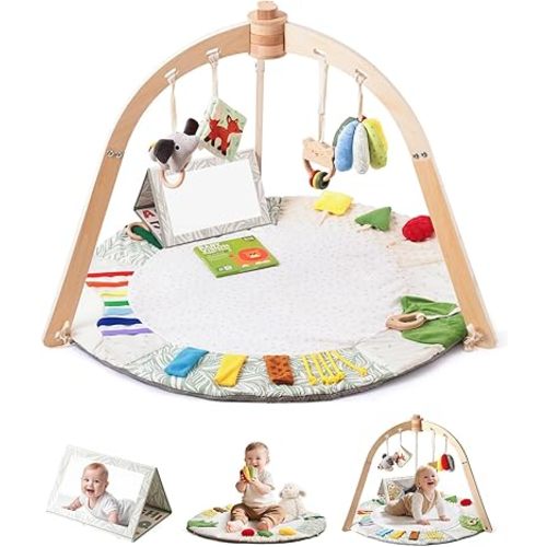 Wooden Baby Play Gym Mat – Anti - Slip Tummy Time & Activity Mat, 5 Developmental Zones & 6 Sensory Toys for Motor Skills, Easy Install & Clean | Newborn Essentials Gift