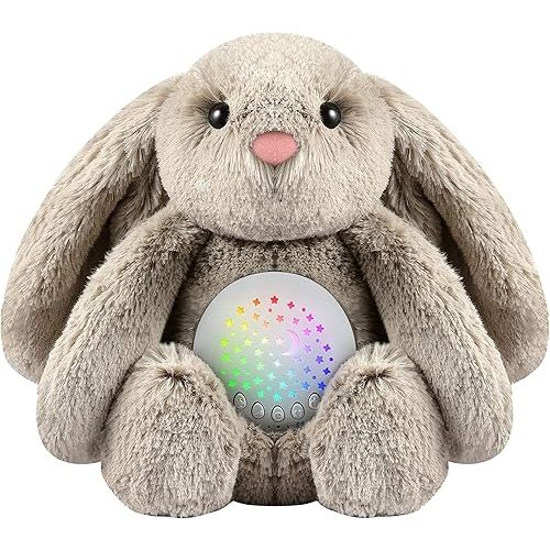 BEREST Baby Sleep Soother Bedtime Bunny with Starry Projector Night Light, Plush Stuffed Animal for Newborn Infants, Lullaby Music, White Noise, Mother's Heartbeat for Boys & Girls Shower Gifts
