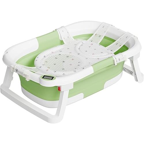 Collapsible Baby Bathtub,Baby Bath Tub with Soft Cushion & Thermometer,Baby Bathtub Newborn to Toddler 0-36 Months,Portable Travel Baby Tub (Green, Bath Tub Pro)