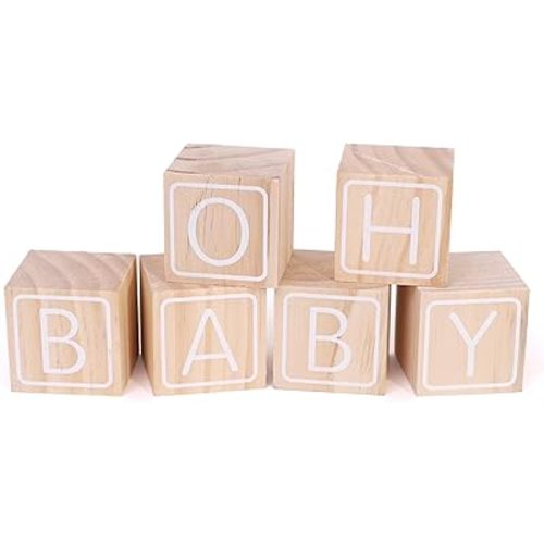 Baby Shower Wooden Block Decorations - OH BABY Sign Little Blocks, (Set of 6),for Baby Shower Party Table Centerpiece Decoration, Guestbook Keepsake