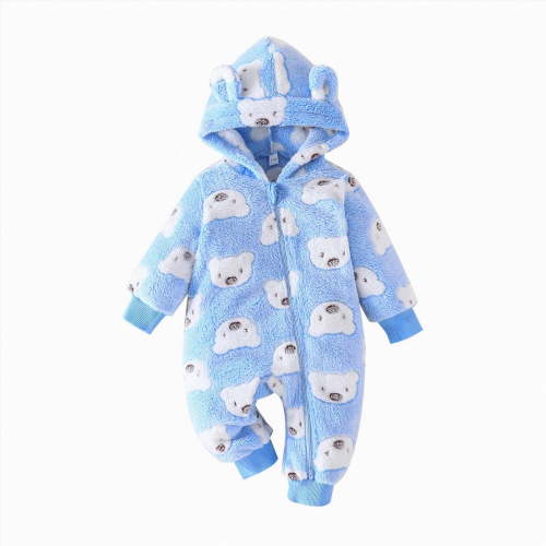 CAICJ98 Newborn Baby Girl Boy Clothes Bear Onesie Long Sleeve Cute Print Snowsuit Hooded Warm Romper Cute Winter Clothes Coat (Blue,3-6 Months)