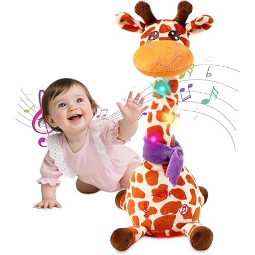 Musical Dancing Giraffe Plush Toy, Yellow and White Spotted, Talking Baby Toy with Lights, 10 Songs and Voice Repeat, Soft Sensory Gift