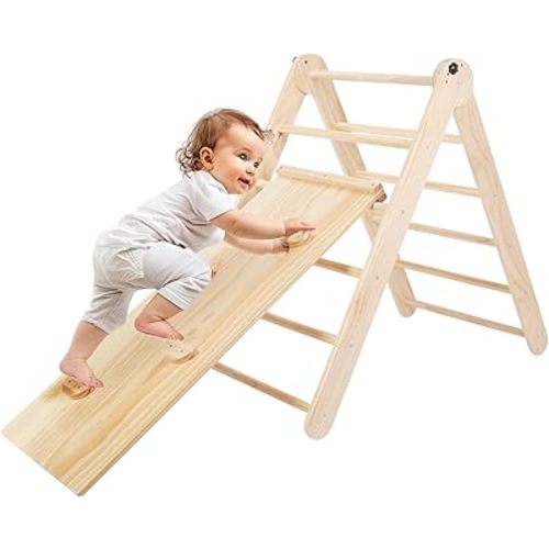 HARPPA 3 in 1 Pikler Triangle Set, Toddler Climbing Toys Indoor, Montessori Climbing Set, Foldable Climbing Toys with Sliding Ramp, Jungle Gym for Kids, Indoor Playground, Natural