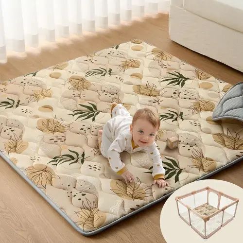 Blissful Diary Baby Play Mats for Floor, 59x59 Inch Thicker and Larger Soft Cushioning Foam Playmats for Babies and Toddlers, Foldable Washable Baby Playpen Mat, Earth Tones Design