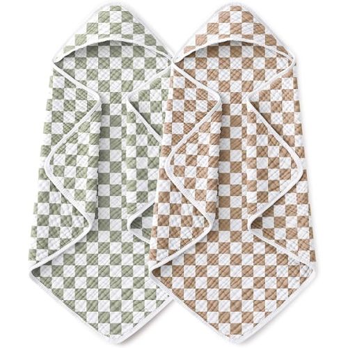 Yoofoss Hooded Baby Towels for Newborn 2 Pack 100% Muslin Organic Cotton Baby Bath Towel with Hood for Babies, Infant, Toddler and Kids, 32x32Inch, Soft and Absorbent, Green Brown Checkered