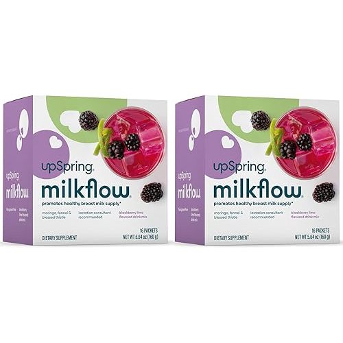 UpSpring Milkflow Breastfeeding Supplement Drink Mix with Moringa & Blessed Thistle, No Fenugreek | BlackBerry Lime Flavor | Lactation Supplement to Promote Healthy Breast Milk Supply | 2 Pack