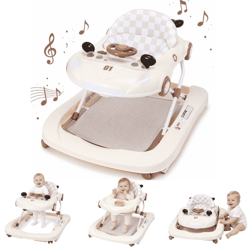PRVAETU 5 in 1 Baby Walker for Boys Girls, Foldable, Music & Lights, Jumper, Push Walker, Height Adjustable with Wheels for Infants 6-18 Months,,Beige