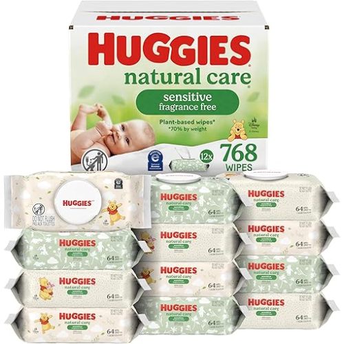 Huggies Natural Care Sensitive Baby Wipes, Unscented, Hypoallergenic, 99% Purified Water, 12 Flip-Top Packs (768 Wipes Total), Packaging May Vary