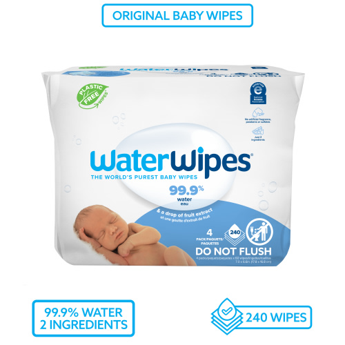 WaterWipes Natural Non-Fragrance Baby Wipes, 99.9% Water Based, 4 Packs (240 Wipes)