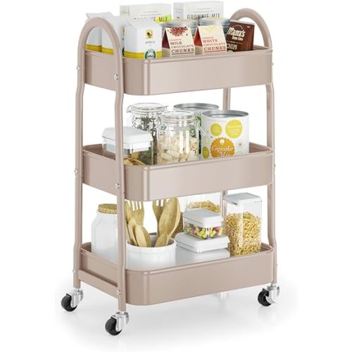 EAGMAK 3 Tier Rolling Cart Under Desk, Metal Storage Cart with Handle and Lockable Wheels, Multifunctional Storage Organizer Trolley with Mesh Baskets for Kitchen, Living Room, Office, Garage (Beige)