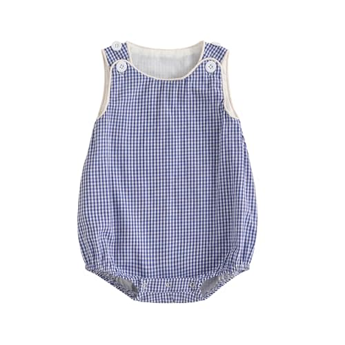 Kuriozud Unisex Newborn Baby Boy Girl Summer Clothes Plaid Sleeveless Bubble Romper Jumpsuit Overall Shorts Infant Clothing