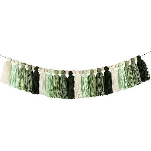 DrCor Sage Green Gradient Tassel Garland - 15ft Handmade Yarn Bunting Banner for Classroom Backdrop, Nursery, Kids Room, Baby Shower, Birthday Party, Back to School Decor