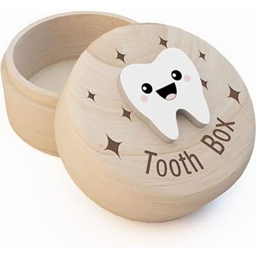 Azbuk Tooth Fairy Wooden Box with Engraved Four-Pointed Star and 3D Tooth, Stores Lost Teeth for Boys and Girls, Tooth Box for Kids