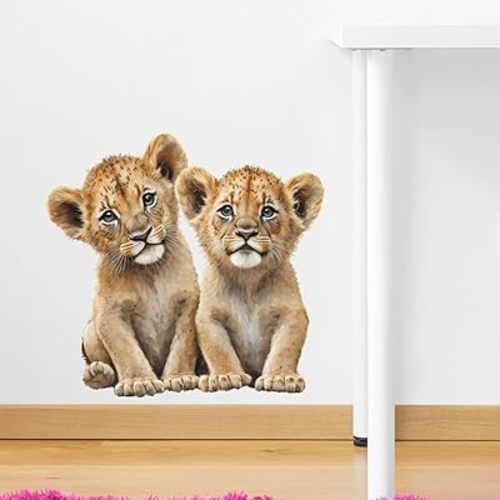 Cute Lifelike Little Lion Brothers Wall Decal Nursery Animal Wall Sticker Removable Peel and Stick Wall Art Decor Stickers for Kids Baby Classroom Preschool Living Room Bedroom School
