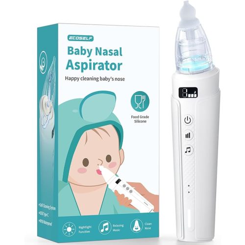Electric Nasal Aspirator for Baby, ECOSELF Self-Cleaning Babies Nose Sucker, Automatic 5L Flow Nose Aspirator with IPX6 Waterproof, 3 Suction Levels, Pause Music & 8 Lights Booger Sucker for Toddlers - White