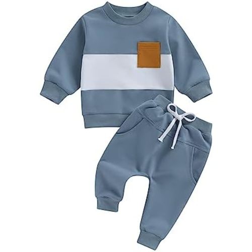 BeQeuewll Fall Winter Toddler Baby Boy Clothes 2Pcs Color Block Crewneck Sweatshirt and Pants Sweatsuit Little Boy Clothing