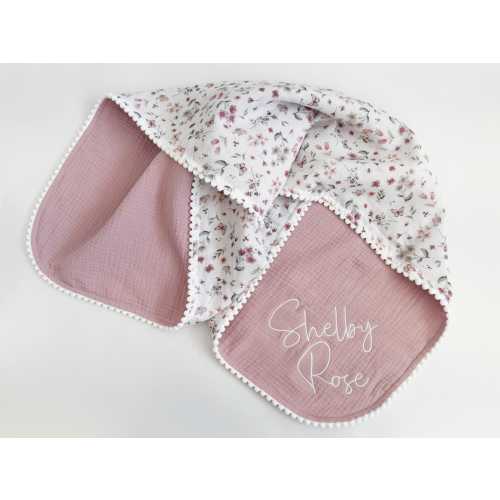 Super Soft Organic Muslin Baby Blanket – Embroidered Name Muslin Blanket, Eucalyptus Design, Stroller Blanket, Lightweight Summer Blanket