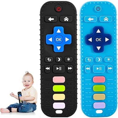 2PCS Teething Toys for Baby 3 6 12 18 Months, TV Remote Control Shaped Baby Teether Toys, Baby Chew Toys, Food Grade Silicone Teething Toys for Infants, BPA Free, for Baby Gum Relief