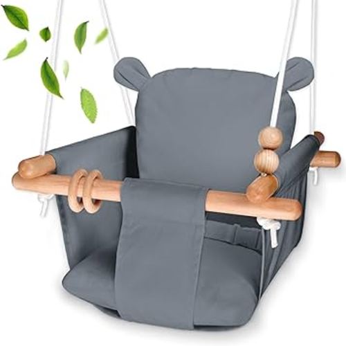 Baby Swing Outdoor - Secure Canvas and Wooden Indoor Baby Swing Seat - Toddler Swing Infant Swing Outdoor with Safety Belt, Hanging Swing Chair for Baby Boys Girls (Dark Grey)