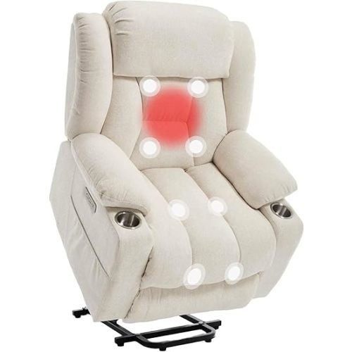FLEXISPOT Power Lift Recliner Chair for Elderly, Electric Reclining Chair with Massage & Heat, USB & Type-C Charge Port, Fabric Single Sofa for Living Room,White