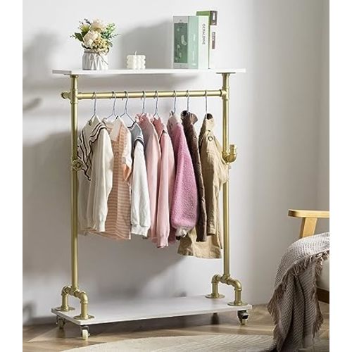 Child Clothing Rack, Kids Garment Rack Dress-up Closet, Rolling Pipe Open Clothes Rack with Storage Shelf, Industrial Wood Metal Clothes Organizer (two tiers one hanging rod kids garment rack)